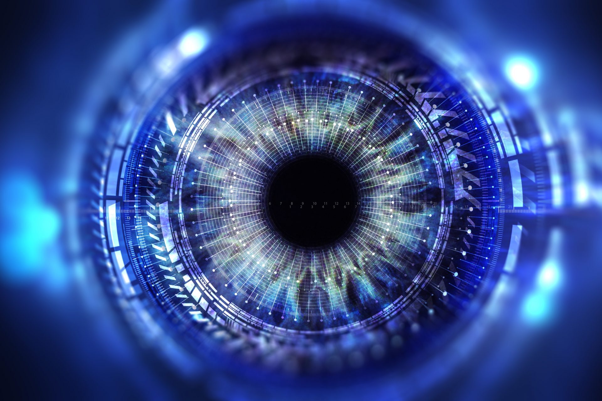 Security access technology Eye viewing digital information represented by circles and signs, background depth of field. Technology concept. 3D illustration